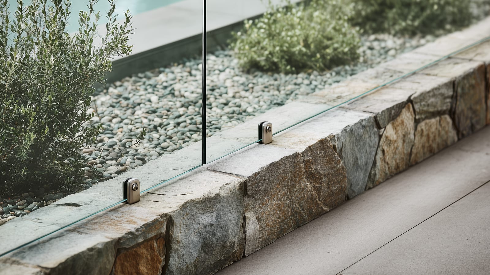 A frameless glass pool safety fence panel set into a natural stone wall