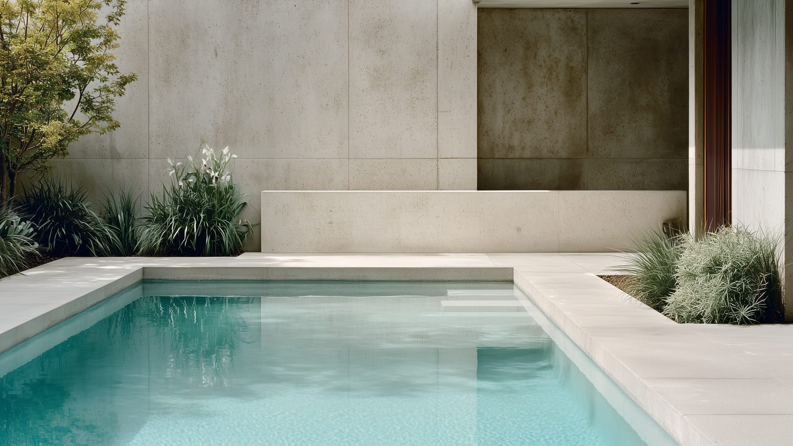 A considered residential pool with pale rendered walls and soft native planting