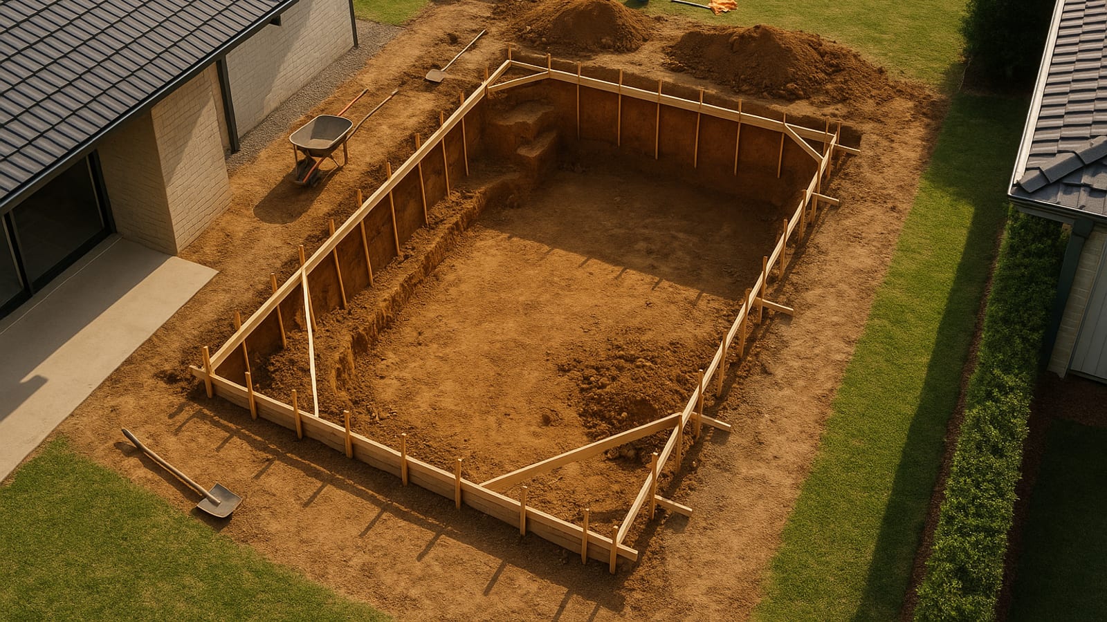 An overhead view of a residential pool project in progress, formwork and excavation visible, building site context