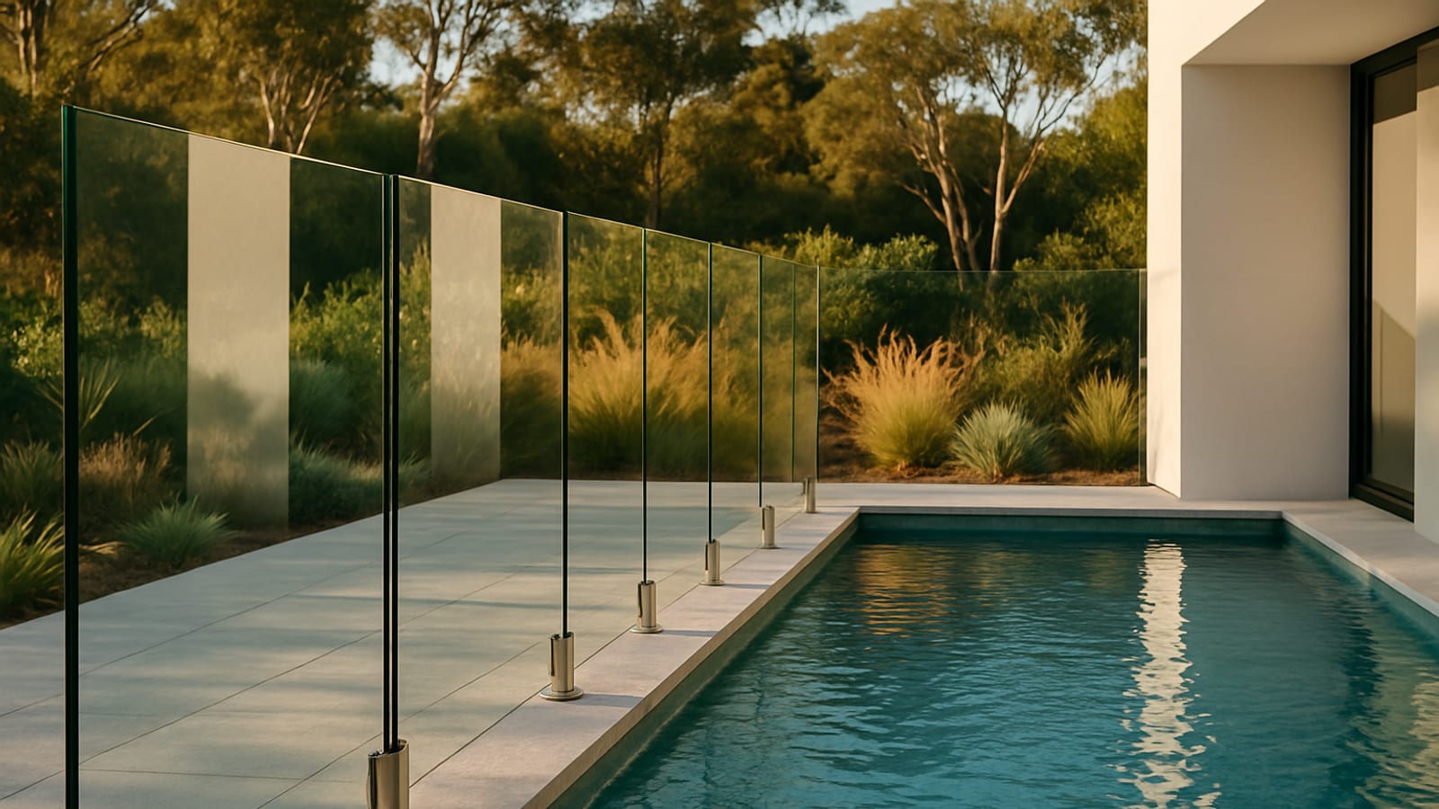 A frameless glass pool fence panel catching afternoon light beside a clean-edged pool