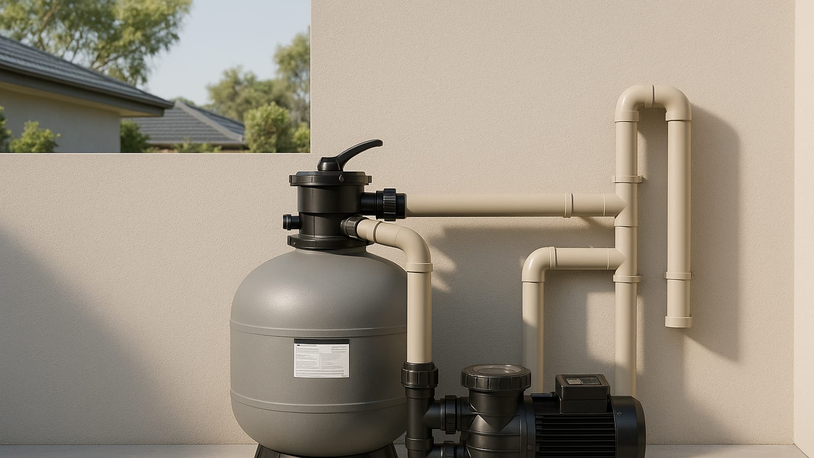 A neat pool equipment area with a sand filter, pump, and plumbing against a rendered wall