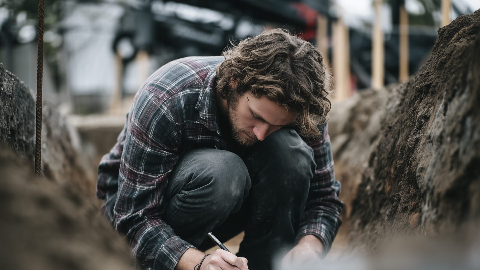 A builder crouching on site to check reinforcement and notes before excavation
