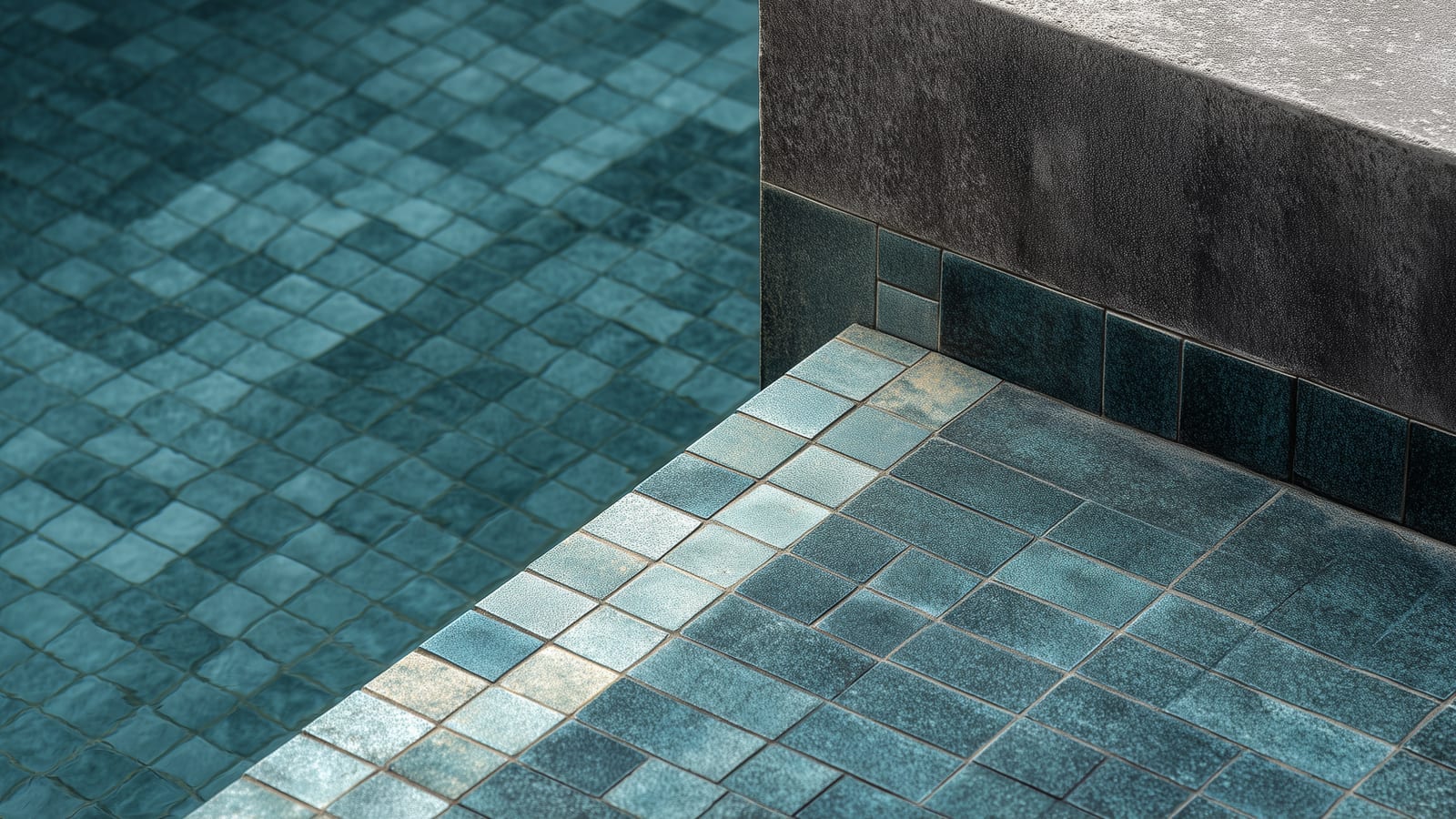 Close-up of a tiled pool interior with small matte mosaic tiles in deep teal