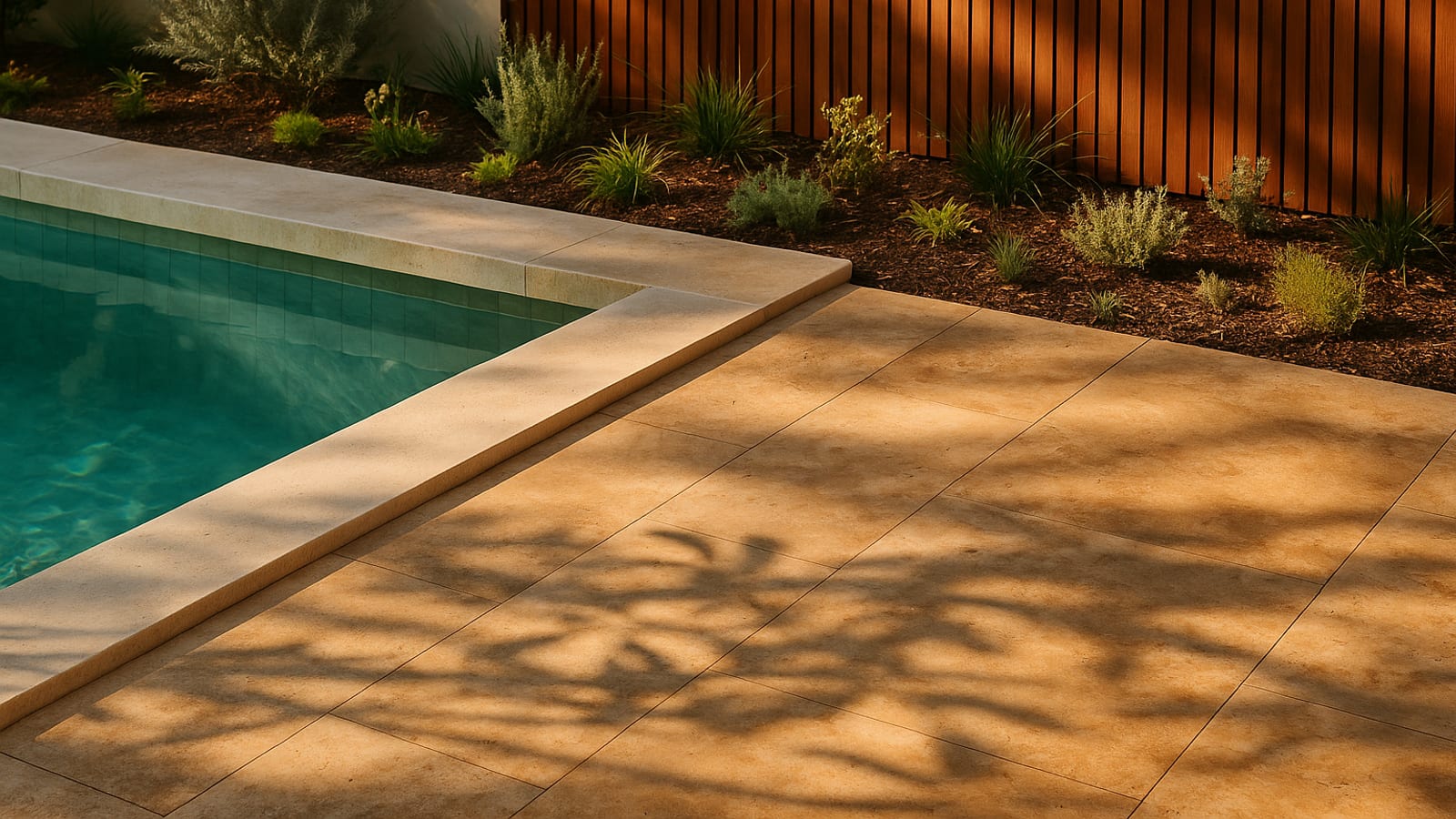 A pool edge meeting warm-toned stone paving with low native planting and a timber screening element