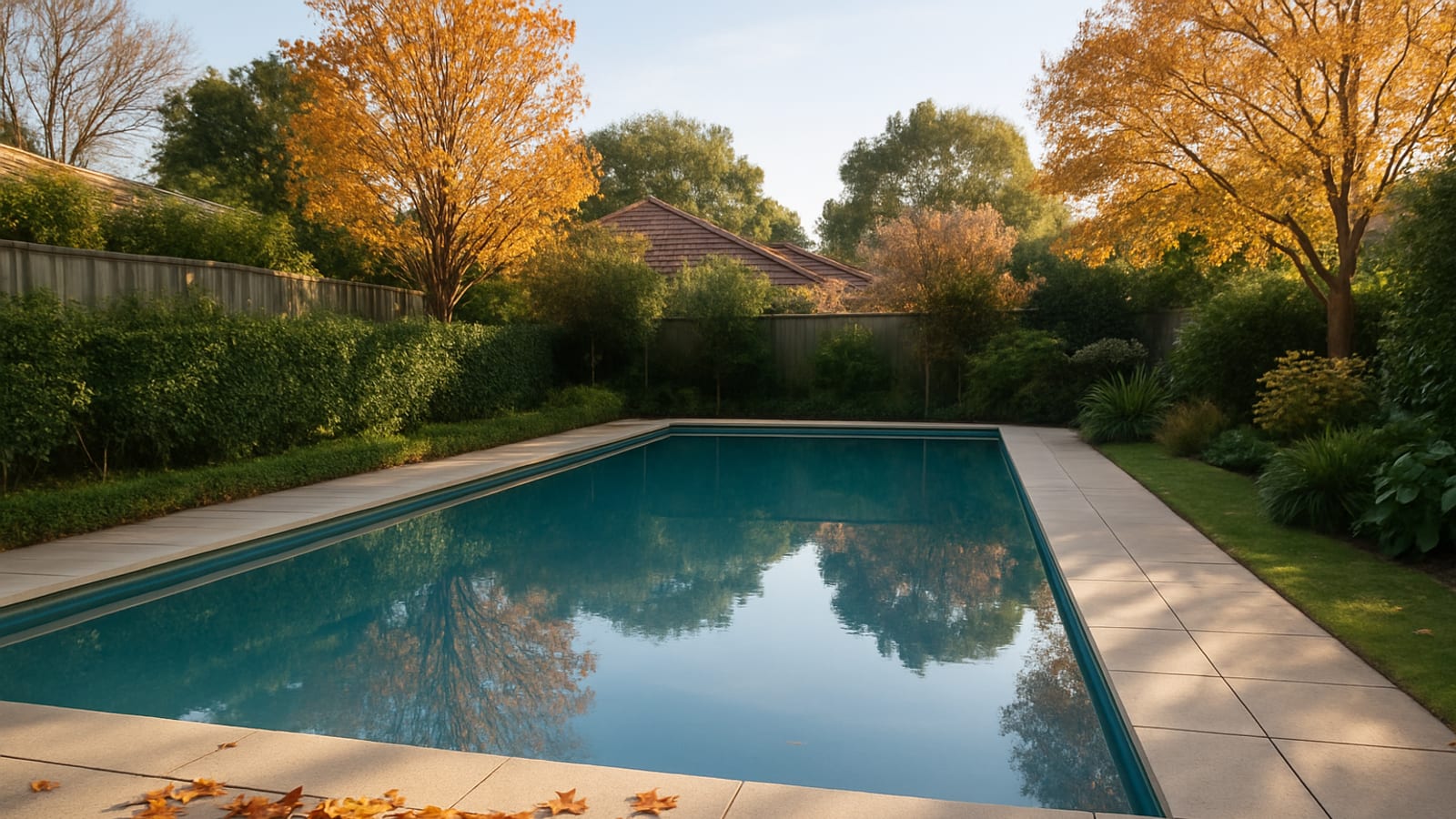 A well-maintained pool on a clear autumn day, fallen leaves gathered at one edge, calm water