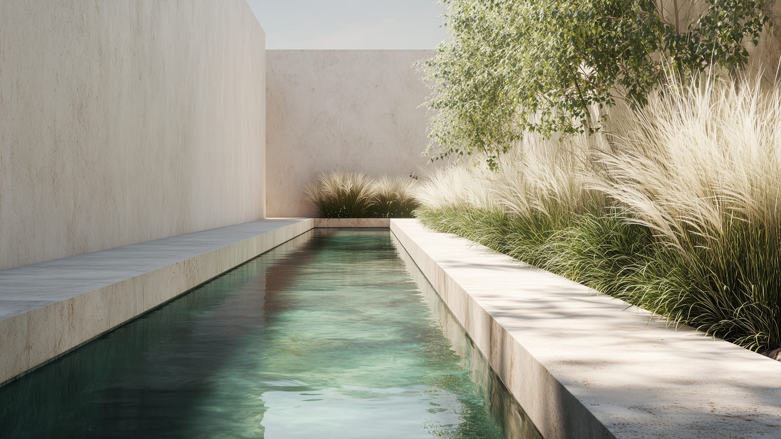 Long, narrow lap pool running beside a slim garden of native grasses