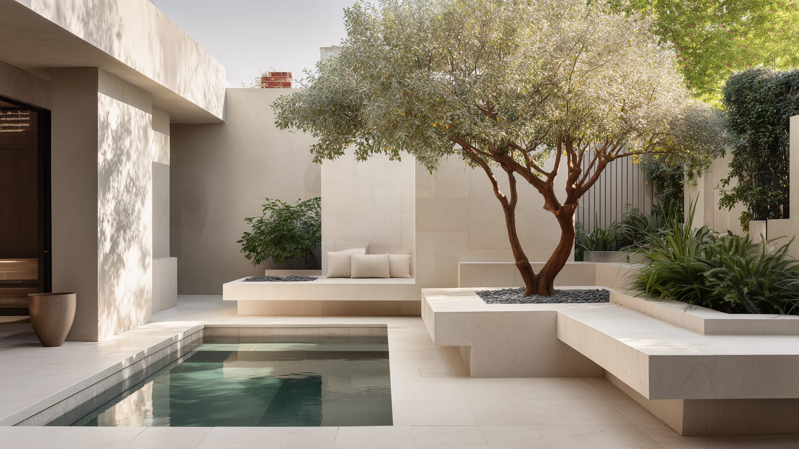 Compact sunken plunge pool in a minimalist travertine courtyard with an olive tree