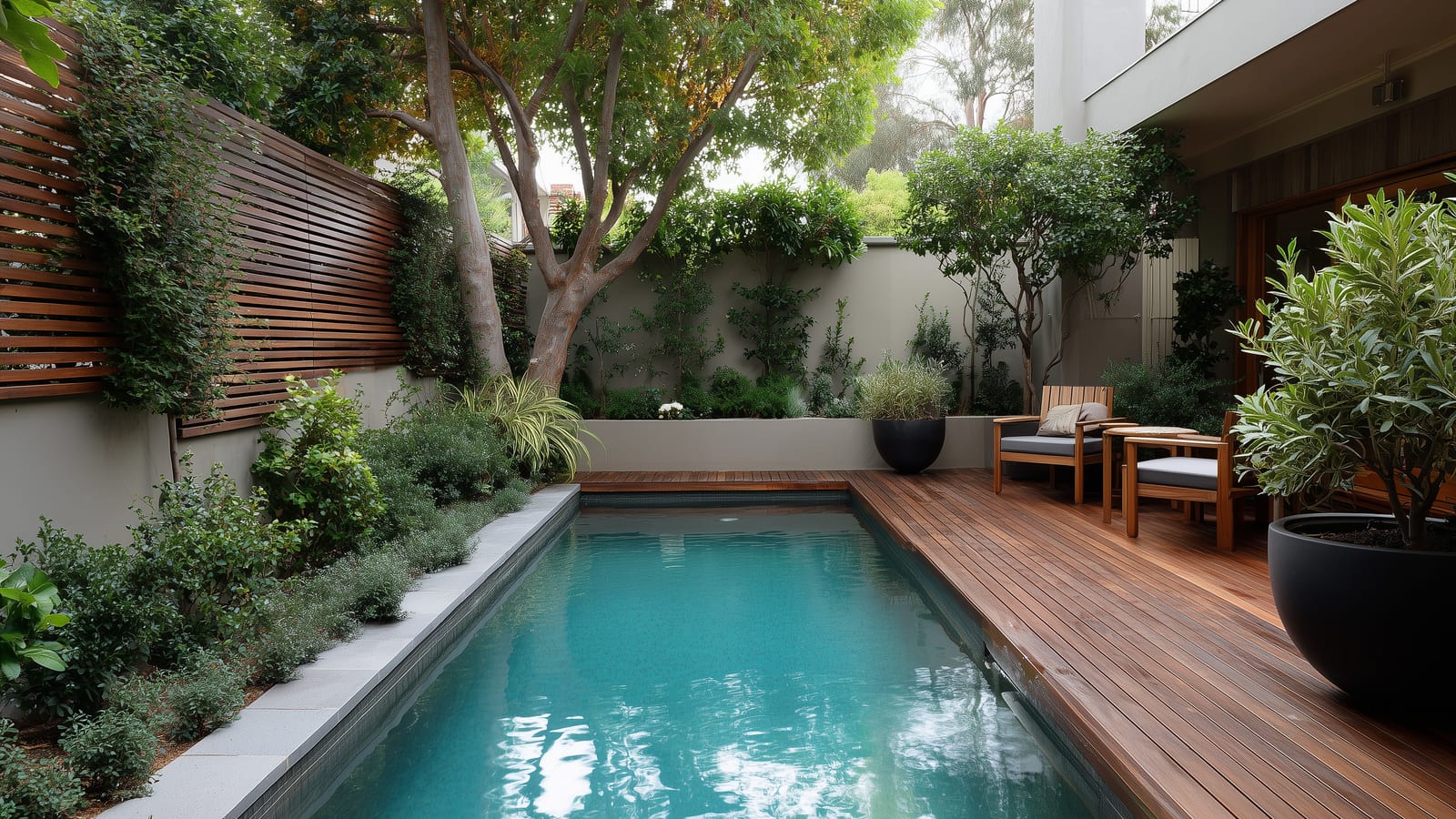 Small, carefully proportioned pool tucked into a compact courtyard with a timber deck